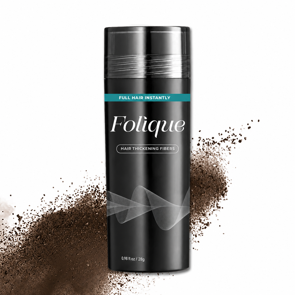 Folique hair thickening fibers container with dark brown powder on a white background
