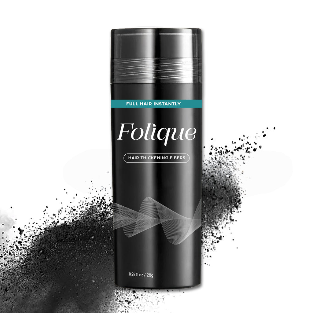 Folique hair thickening fibers container with black powder on a white background