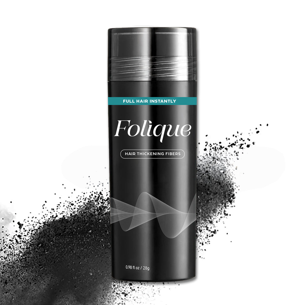 Folique hair thickening fibers container with black powder on a white background