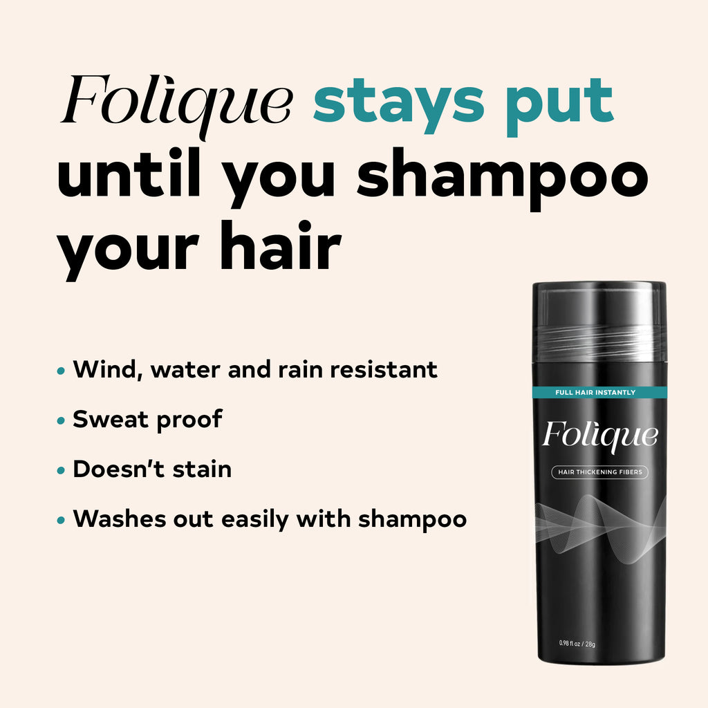 Folique hair product with text highlighting its features on a beige background