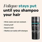 Folique hair product with text highlighting its features on a beige background