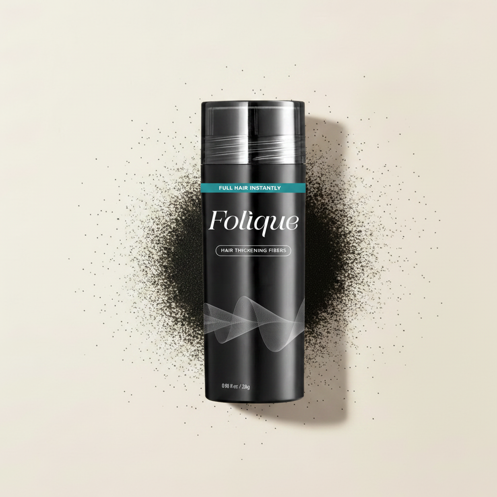 Folique bottle with black hair fibre dust on cream background